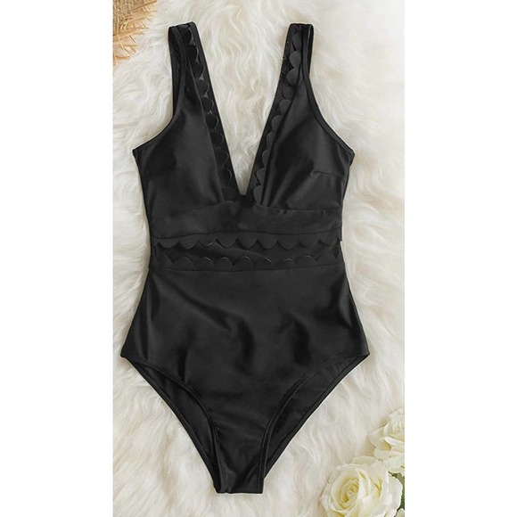 Cupshe Other - CUPSHE Women's Solid Black V Neck Mesh One Piece Swimsuit - Size: Large